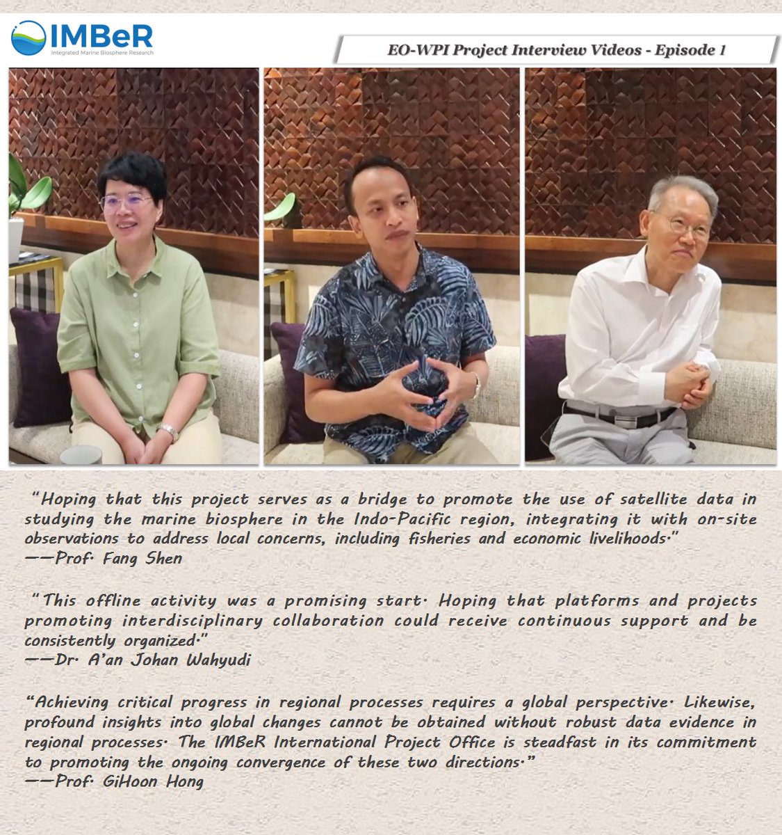imber_ipo's tweet photo. πIMBeR EO-WPI Project & Workshop Interview Videos β Ep1
Let's hear what the workshop organizers want to shareπ
π¦: https://t.co/lsDXsS1p78
Β
β #SatelliteData, #MarineBioshpere, #IndoPacific, #Interdisciplinary, #GlobalChange, #RegionalProcess, #SKLEC, @ECNUER, @BRIN https://t.co/zJ7rHyWCq4