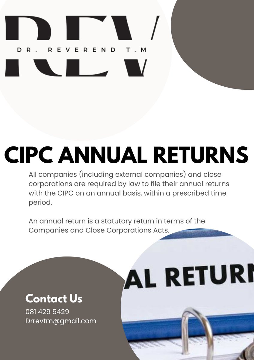 🚨Attention all companies, Closed Corporations & External companies!🚨

Are your Annual Returns with CIPC due? Is your company under deregistration due to non-compliance?

Let's help your company stay compliant & active, send a WhatsApp using this link wa.me/c/27814295429