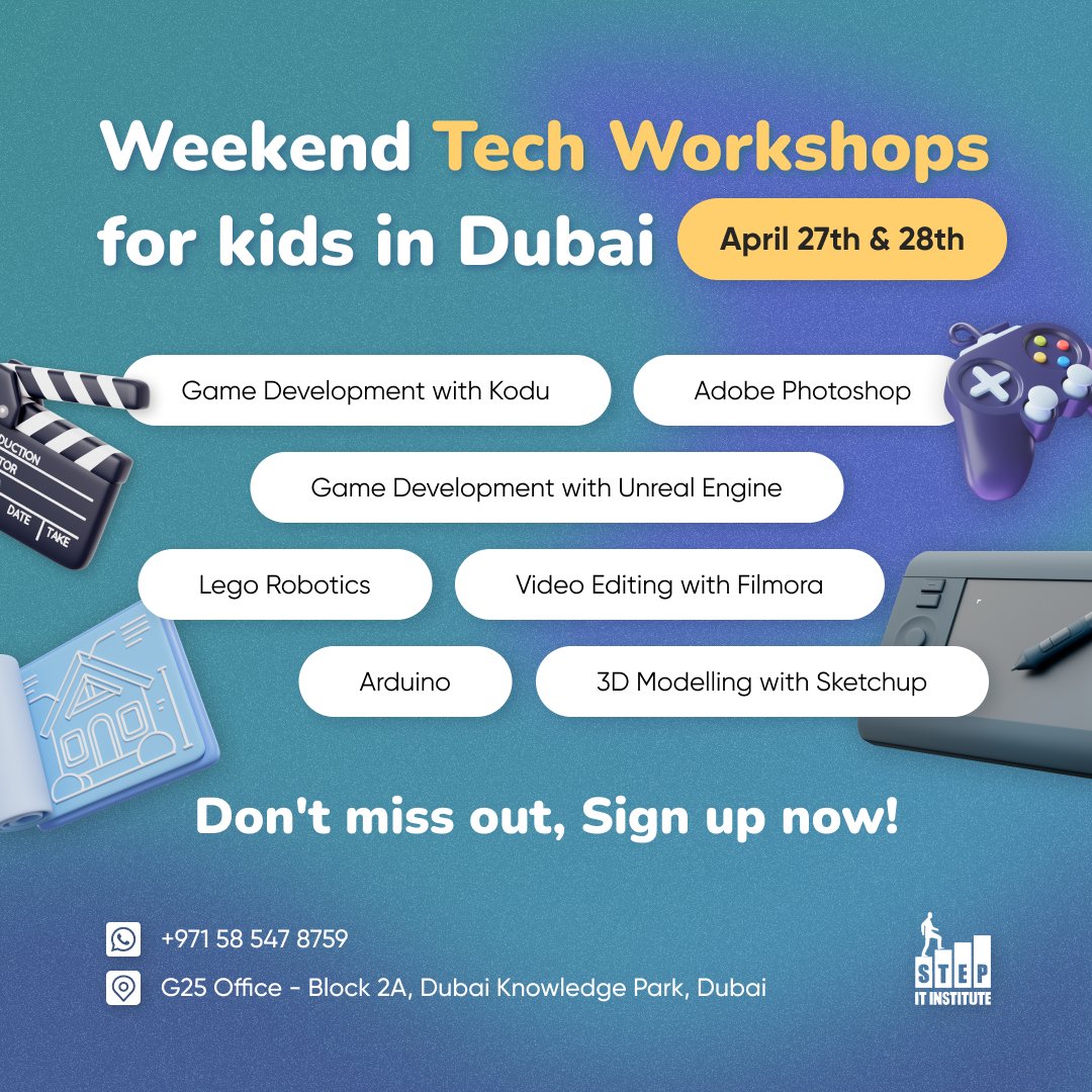 stepitinstitute's tweet photo. 👔 Join us for an exciting weekend of tech workshops for kids in Dubai on April 27th &amp; 28th at  Dubai Knowledge Park. 
Limited slots available!!!
Hurry, book your seats today!! https://t.co/Htz2MlqLyg