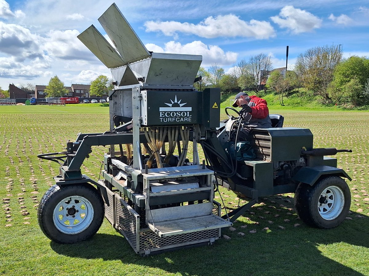 EcosolTurfcare's tweet photo. Our Drill and Fill machines have been back in action the last couple of weeks. This time we have headed up North to @SheffieldUnited to work on two of their pitches. 3 machines working in harmony. #drillandfill #football #footballpitches #SheffieldUnited #drainage #decompaction https://t.co/gU4JDlj0kx