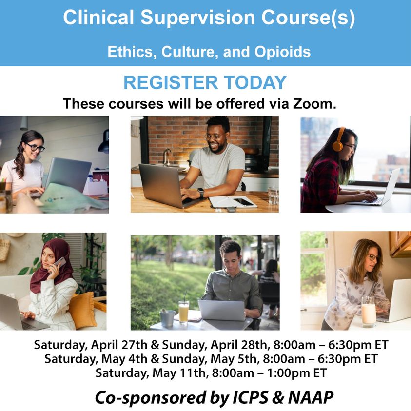 Spring Clinical Supervision Course(s), plus Ethics, Culture, & Opioids

Learn more: ow.ly/Teq950Qy66z
#weareacap #psychoanalysis #mentalhealth #continuinged #psychotherapists #clinicalsupervision