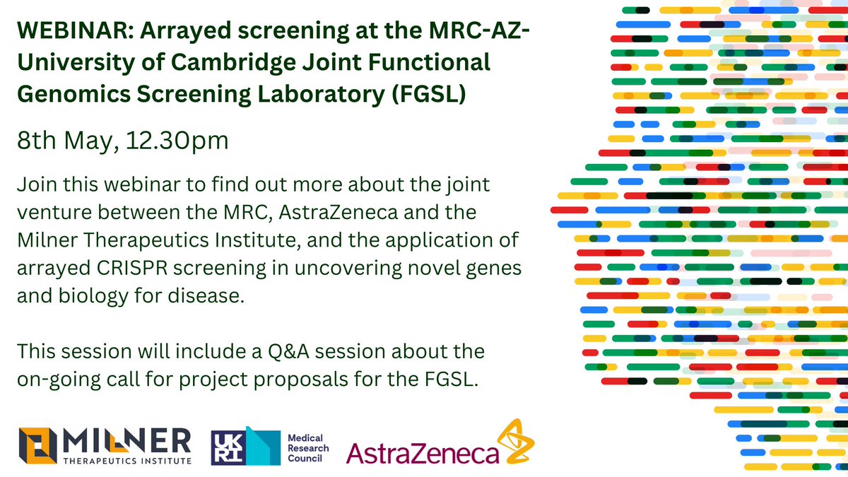 Arrayed screening at the MRC-AZ-University of Cambridge Joint Functional Genomics Screening Laboratory (FGSL) 8th May, 12.30pm Join this webinar for a Q&A session about the on-going call for project proposals for the FGSL! ow.ly/w7XB50RkZPg