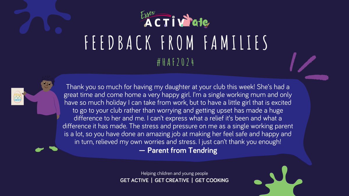 Our programmes support many families in different ways, and we love hearing how our holiday clubs have positively helped parents and children - read how one of our #Easter holiday clubs helped a parent from #Tendring! 👏✨ Find out more about our clubs: activeessex.org/children-young…