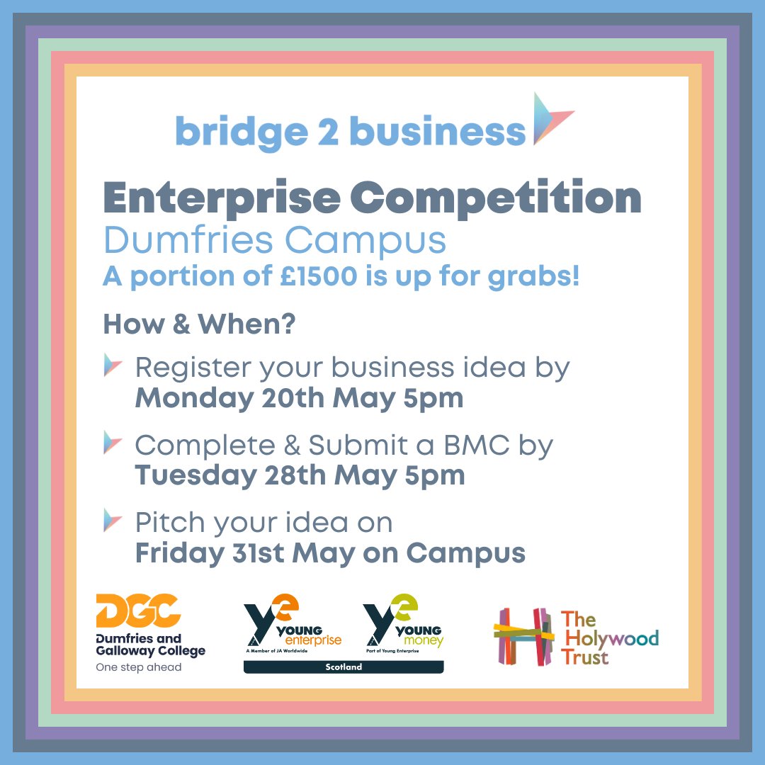 Dumfries students 📢 @bridge2business are looking for budding entrepreneurs! Get creative and send them your best ideas for a new business 🧠 Stranraer students, keep your 👀 peeled for submission details tomorrow! Questions & submissions ➡️ tarryn.kempson-hopkins@yes.org.uk