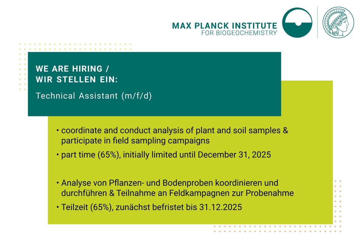 🇬🇧#joboffer for a #TechnicalAssistant to support the Dryland Ecosystem Processes group, a collab with the Chinese Academy of Sciences. 📅Apply by May 20: bgc-jena.mpg.de/en/career/08-2… 🇩🇪#Stellenangebot für eine*n Technische*n Assistent*in. 📅Bewerbung bis 20.5.: bgc-jena.mpg.de/karriere/08-20…