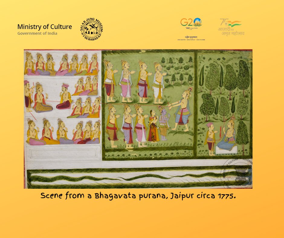 The Bhagavata Purana is a revered text in Vaishnavism, a Hindu tradition that reveres Lord Vishnu. An illustration from the ‘’Bhagavata purana’, people in different stances of veneration are depicted, Jaipur, circa 1775.
1/2
#SalarJungMuseum #AmritMahotsav #Bhagavatapurana