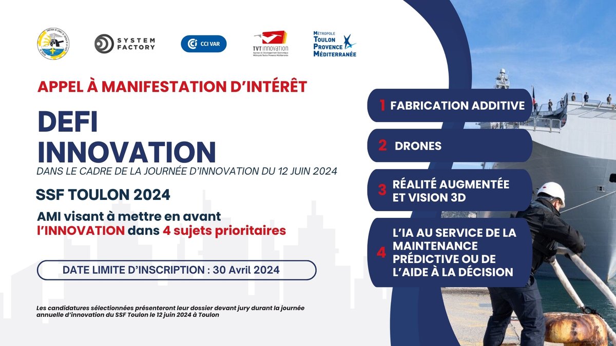 📣J-6 : APPEL À MANIFESTATION D’INTERÊT
🎯Venez candidater au défi innovation, dans le cadre de la journée d’innovation du 12 juin 2024   
Dépôt des candidatures jusqu'au 30 avril 2024 👉lnkd.in/dEMeuueF 
#SSF - Service de Soutien de la Flotte Toulon