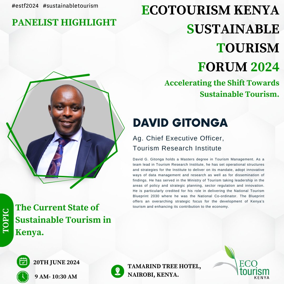 ecotourismkenya's tweet photo. #PanelistHighlight
❇️Introducing David Gitonga, representing the Tourism Research Institute at @ecotourismkenya's Sustainable Tourism Forum 2024!
❇️Join us as they share key insights and perspectives on 'The Current State of Sustainable Tourism in Kenya' panel discussion.
+ https://t.co/XUDwvkLSop