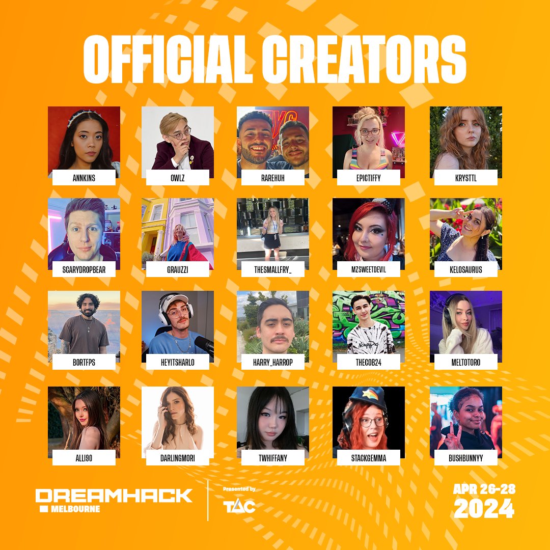 DreamHackAU's tweet photo. @_annkins @Owlz___ @rarehuh @Tiffylesley @krysttl @ScaryDropbearAu @GRAUZZI @itsjustsarahhhh @mzsweetdevil13 @kelosaurusTTV @BortStreams @harry_harrop @TheCob24 @Meltotoro @alli90 @twhiffany @stack_gemma @bushhbunnyy https://t.co/rnRvso0Y6B