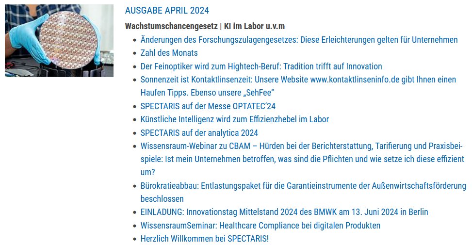 Die April-Ausgabe des SPECTARIS-Newsletters ist da! Themen in diesem Monat sind u. a.   
  
➡ Änderungen des Forschungszulagengesetzes: Diese Erleichterungen gelten für Unternehmen

➡️ Künstliche Intelligenz wird zum Effizienzhebel im Labor

Mehr Infos 👉t.ly/Ijb5g