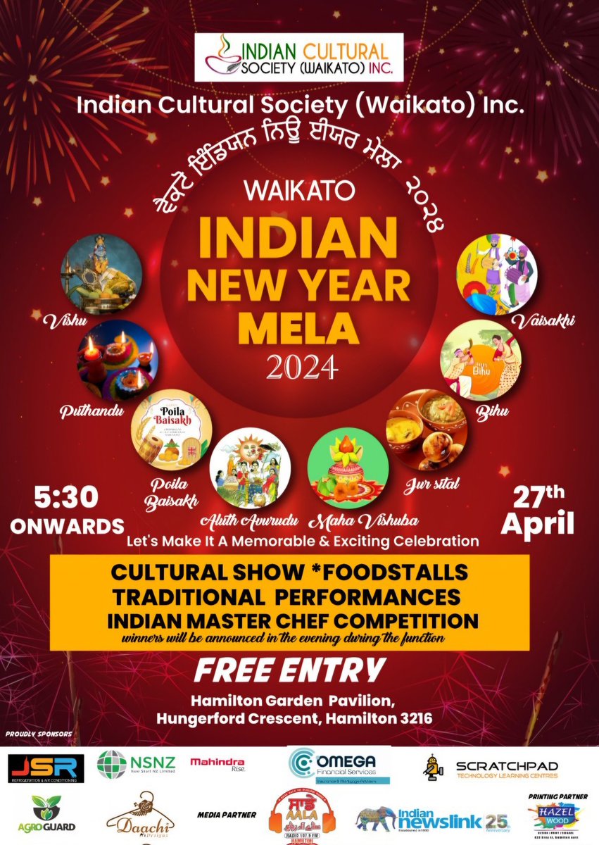 jsrrefrignz's tweet photo. Waikato Indian New Year Mela 2024, Free Entry! 🎉🎊 Come and enjoy with family and friends! 👪👬👭 #WINY2024 #FamilyFun #freeevent https://t.co/CoZWl0yorn