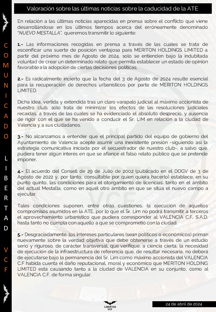 🚨🚨 COMUNICADO OFICIAL🚨🚨 Es radicalmente incierto que la fecha del 3 de Agosto de 2024 resulte esencial para la recuperación de derechos urbanísticos por parte de MERITON HOLDINGS LIMITED. El acuerdo del Consell de 29 de Julio de 2002 establece, en su punto quinto, las…