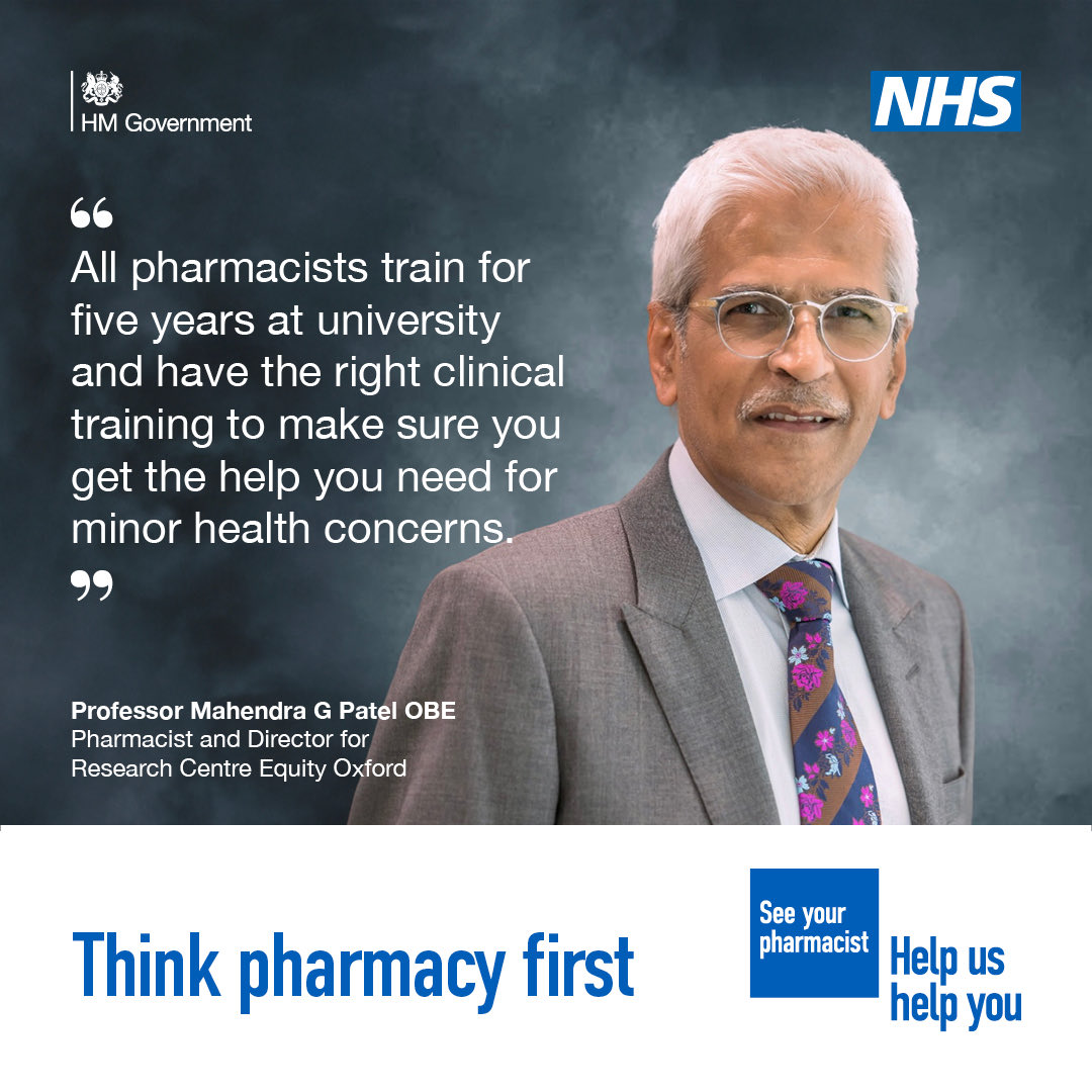 Dr Mahendra G Patel OBE 🕉 (@drmahendrapatel) on Twitter photo Don't wait for minor health concerns to get worse – think pharmacy first and get seen by your local pharmacy team.
For more information, visit nhs.uk/thinkpharmacyf…
<a href="/PharMag_Richard/">Richard Thomas</a> <a href="/Pharmacist_News/">The Pharmacist</a> <a href="/davidwebb_1/">David Webb</a> <a href="/CCApharmacy/">Company Chemists' Association</a> <a href="/CPWales/">Community Pharmacy Wales</a> <a href="/ComPharmEngland/">Community Pharmacy England</a> <a href="/JonnyB_at_RMP/">Jonathan Burton</a> Don't wait for minor health concerns to get worse – think pharmacy first and get seen by your local pharmacy team.
For more information, visit nhs.uk/thinkpharmacyf…
<a href="/PharMag_Richard/">Richard Thomas</a> <a href="/Pharmacist_News/">The Pharmacist</a> <a href="/davidwebb_1/">David Webb</a> <a href="/CCApharmacy/">Company Chemists' Association</a> <a href="/CPWales/">Community Pharmacy Wales</a> <a href="/ComPharmEngland/">Community Pharmacy England</a> <a href="/JonnyB_at_RMP/">Jonathan Burton</a>