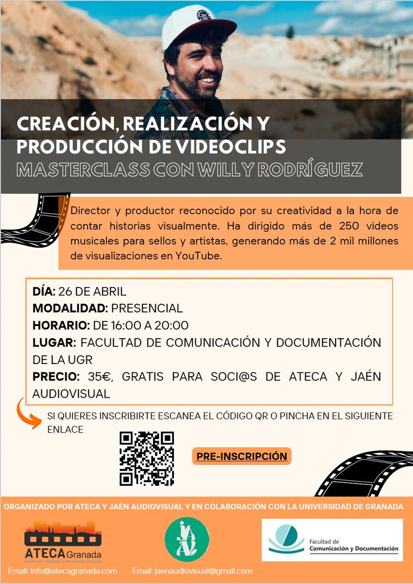 maylamunoz's tweet photo. 🌞MASTERCLASS: CREACIÓN, REALIZACIÓN Y PRODUCCIÓN DE VIDEOCLIPS🌞

🗓️ 26 de Abril.
📍Facultad de comunicación de Granada.
🕓16:00h a 20:00h

INSCRÍBETE AQUÍ👉 https://t.co/TkrpB1RbQl

ORGANIZADO POR: @ateca_granada y @jaenaudiovisual en colaboración con @fcd_ugr https://t.co/dds6du24H9