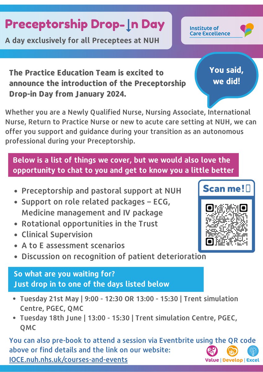 Institute of Care Excellence (@nuhinstitute) on Twitter photo You said, we did!๐ฌ
Join the <a href="/NUHPractice_Ed/">NUH Practice Education Team</a> at <a href="/nottmhospitals/">Nottingham University Hospitals</a> for one of the next Preceptorship Drop-in Days below!- a day exclusively for all Preceptees at NUH
To book onto the next session or one of our future sessions please visit: bit.ly/3V0uORL You said, we did!๐ฌ
Join the <a href="/NUHPractice_Ed/">NUH Practice Education Team</a> at <a href="/nottmhospitals/">Nottingham University Hospitals</a> for one of the next Preceptorship Drop-in Days below!- a day exclusively for all Preceptees at NUH
To book onto the next session or one of our future sessions please visit: bit.ly/3V0uORL