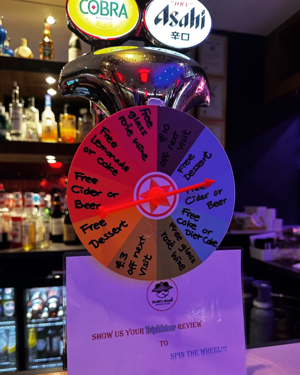 Show us your TripAdvisor review and spin the wheel at Sushi Mami! 🎡 Try your luck for a chance to win tasty treats🍣🍻

#SushiMami #SpinToWin