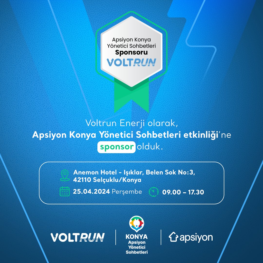 Voltrun Enerji olarak, Apsiyon Konya Yönetici Sohbetleri etkinliğine sponsor olduk.

📅: 25 Nisan
🕥: 09.00 – 17.30
📍: Anemon Otel Konya

#Voltrun #ElektrikliAraç #otomobil #şarjistasyonu #şarj #Apsiyon #Konya
