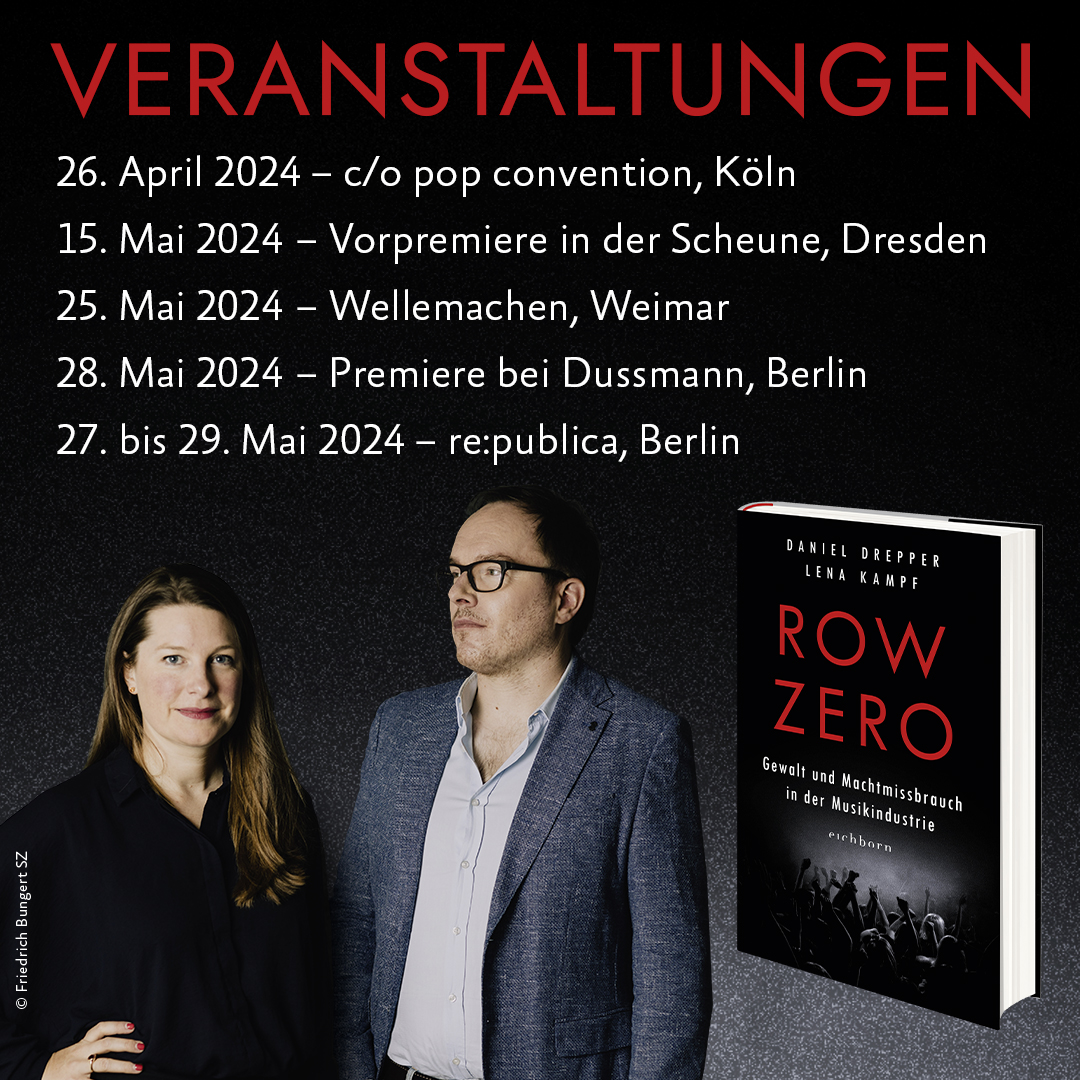 Endlich können wir über unsere Recherchen über Gewalt und Machtmissbrauch in der Musikindustrie sprechen – die ersten Veranstaltungen für unser Buch #RowZero stehen fest: In Köln, Dresden, Weimar und in Berlin. @lenakampf und ich freuen uns darauf, mit Euch zu diskutieren.