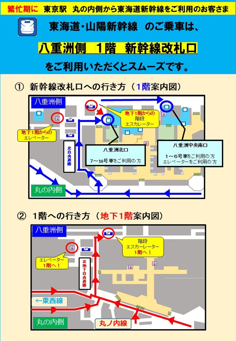 【丸の内側から #東海道新幹線 にご乗車予定のお客さまへ】 4/27・5/3は、東海道新幹線の乗換改札が混雑し、入場待ちに「15分」ほどかかる可能性があります。 #東京駅 に丸の内側からお越しの方は、丸の内側の在来線改札は通らず、八重洲側への迂回をご検討ください。 ※コメント欄に解説動画あり