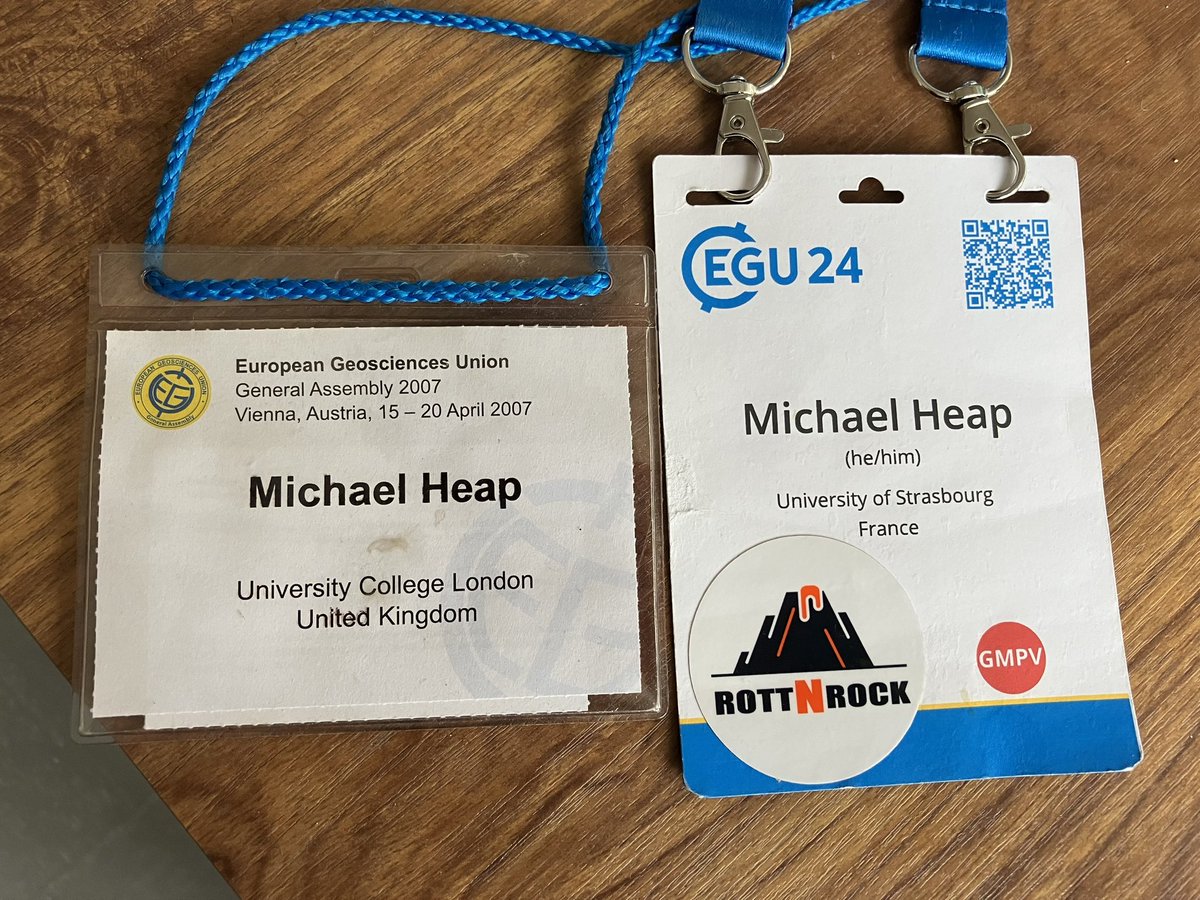 My very first EGU badge (from 2007) next to the latest badge! I have all of them in between too! Do other people collect them too? @EuroGeosciences