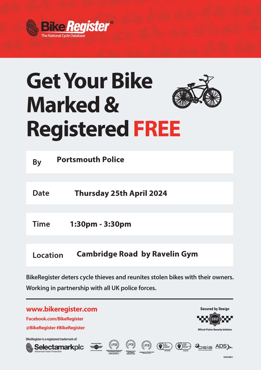 FREE cycle marking event tomorrow using #BikeRegister