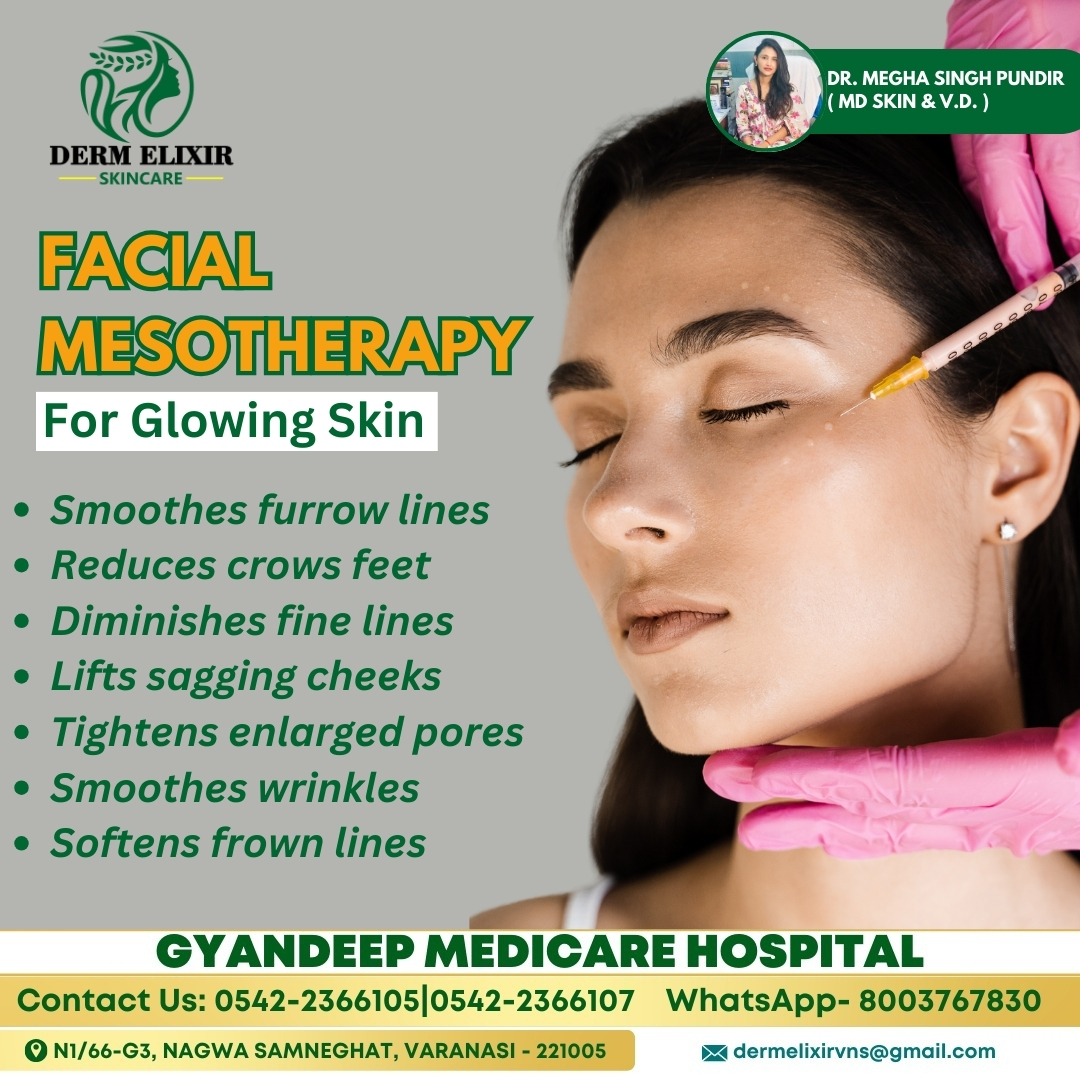 Dr. Megha Singh Pundir MD (Skin and V.D. ) who is Varanasi's top Dermatologist provides the best treatment related to your concern at Gyandeep Medicare Hospital
:
:
🌐: gyandeepmedicarehospital.com/dermelixir
📱: +91 8090403791
:
:
:

#facemesotherapy #skinrejuvenation #dermatology #skincare