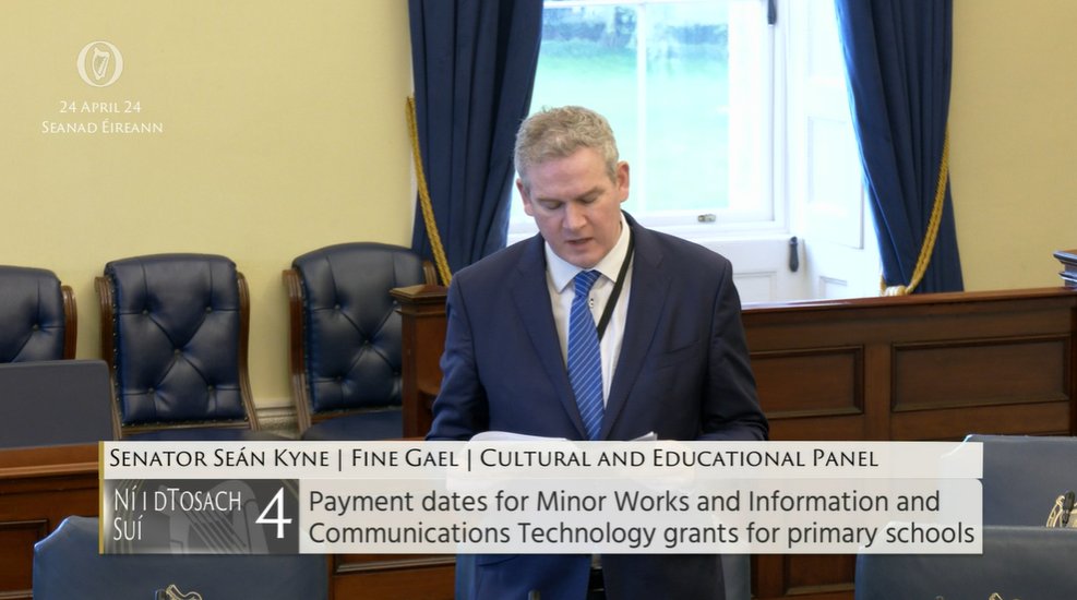 #Seanad Commencement Matter 4: Senator Seán Kyne @SeanKyneGalway – To the Minister for Education: Payment dates for Minor Works and Information and Communications Technology grants for primary schools. bit.ly/2WW5Fwa #SeeForYourself