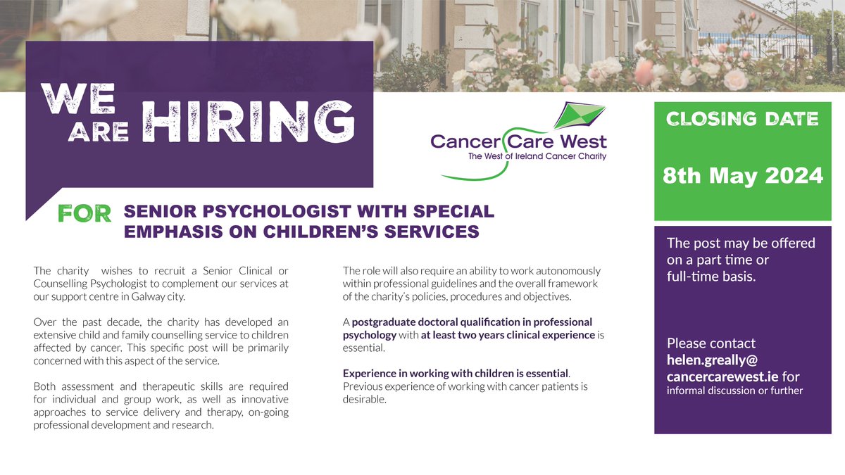 🔊 We are seeking a Senior #Psychologist with special emphasis on #children's services for our #Galway Support Centre. Please contact helen.greally@cancercarewest.ie #career #recruiting #hiring #galwayjobs @IrishCancerSoc @GreallyHelen @hseNCCP
