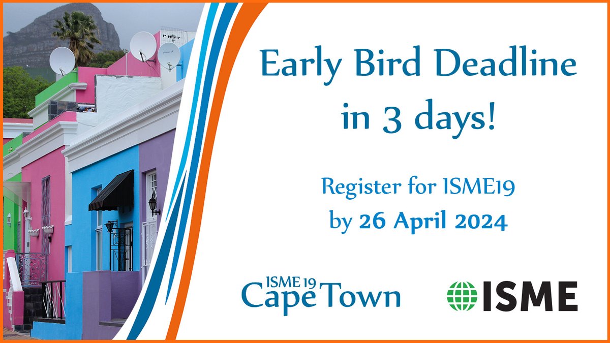 ISME_microbes's tweet photo. Only 3 more days until the Early Bird Deadline, register now for ISME19!
🔗 https://t.co/iWKYdWLl8L

Join your peers and share your research in Cape Town, 18-23 August. We look forward to seeing you there!

#microbialecologist #microbiology #ecology #microbialecology #isme19 https://t.co/pPwRXfKkof