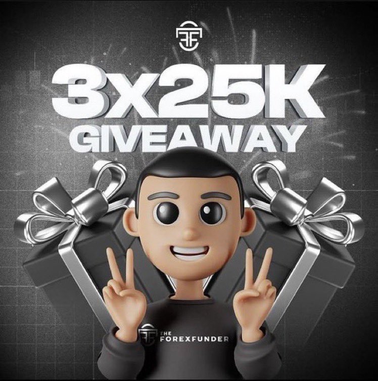 3x25K Challenge Account giveaway 🎁 🎁.
RULES TO ENTER 👀 

-Follow @TheForexFunder 💙 

-Like & retweet 🌟 

-Tag 3 friends 🧍

-React on the pinned tweet 🐣 

 •join our discord discord.com/invite/BYkraFY…