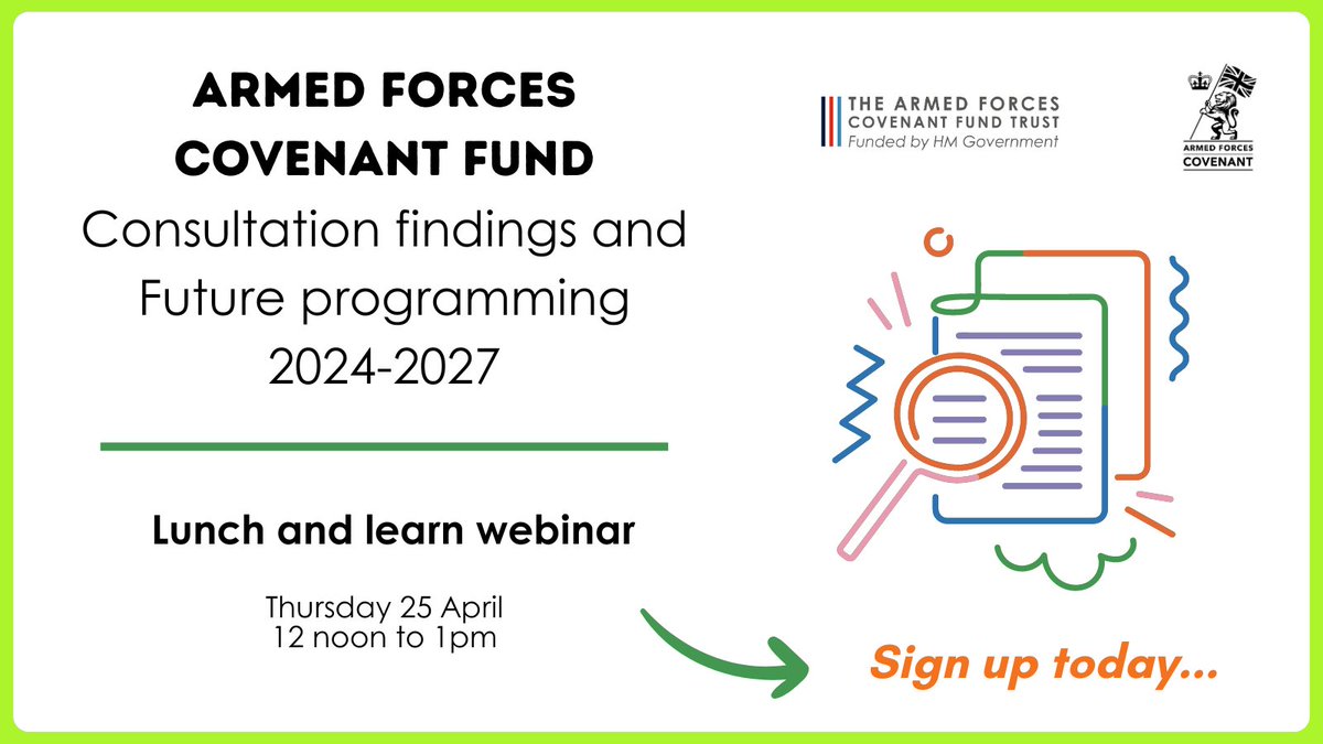 Last chance to sign up for our Consultation Findings and Future Programming webinar which takes place tomorrow 12 noon to 1pm. Join us to hear how our consultation findings are helping underpin the development of future Covenant Fund programmes. 👉👉 bit.ly/3Tyatov
