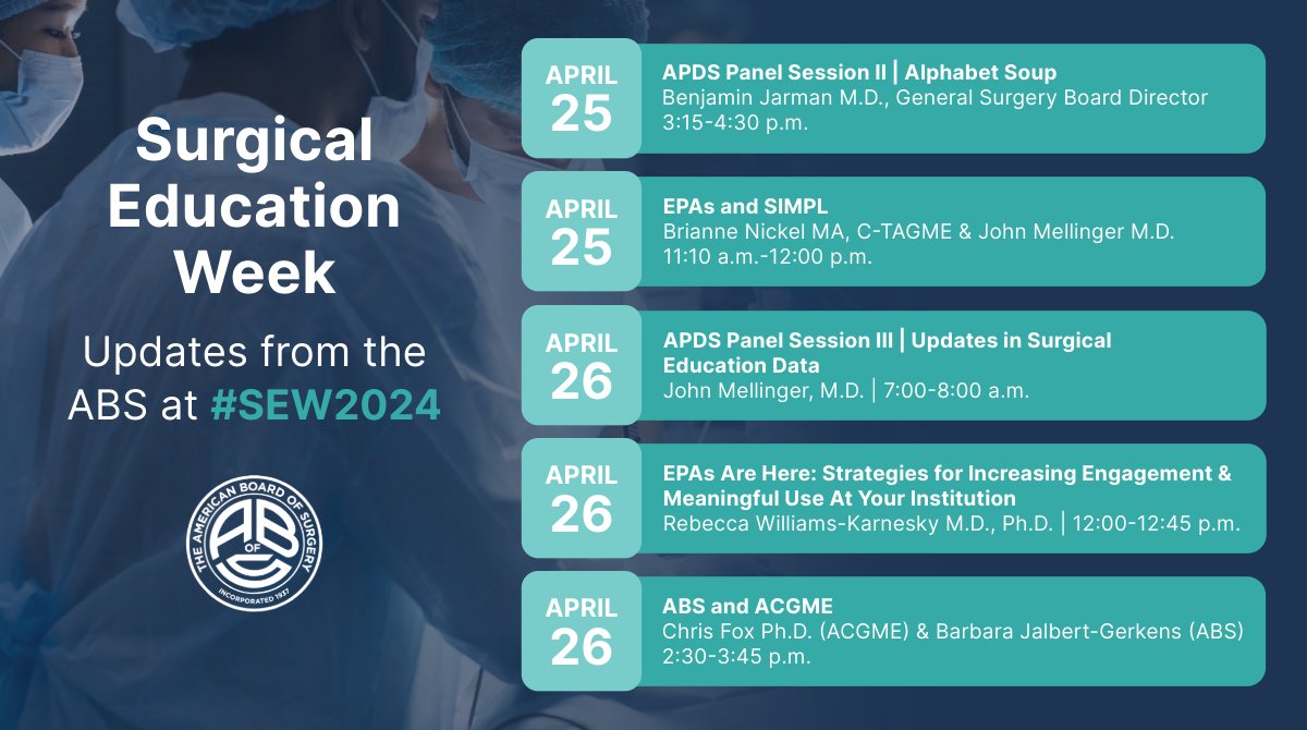 Hello, Surgical Education Week! The ABS will be presenting sessions featuring updates on #EPAs, the #ABSEPAProject, & general ABS info that programs should be aware of. In your free time, visit the ABS table in the exhibit hall to meet our staff & ask any questions!