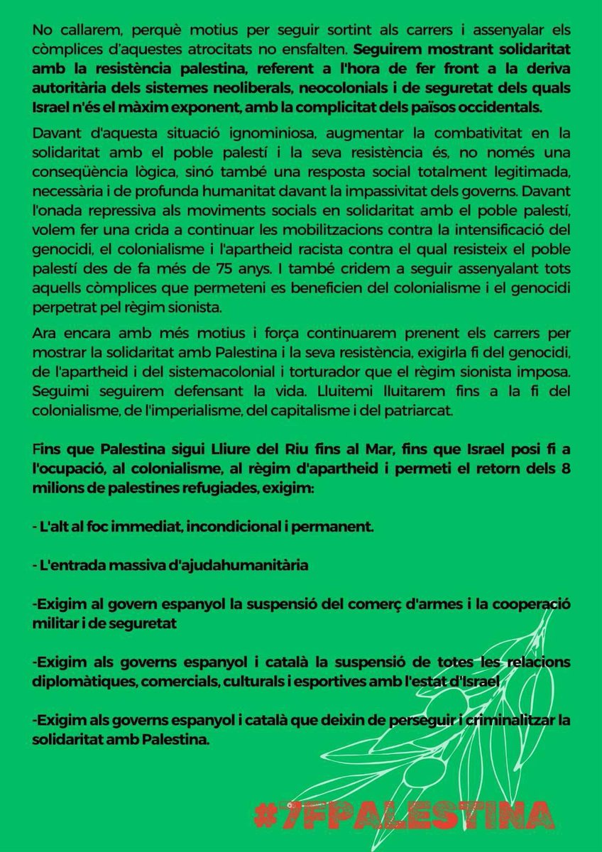 Des de l’espai feminista de Sants ens unim al comunicat en suport a les companyes represaliades en solidaritat amb Palestina el 7F 🇵🇸💪🏽.