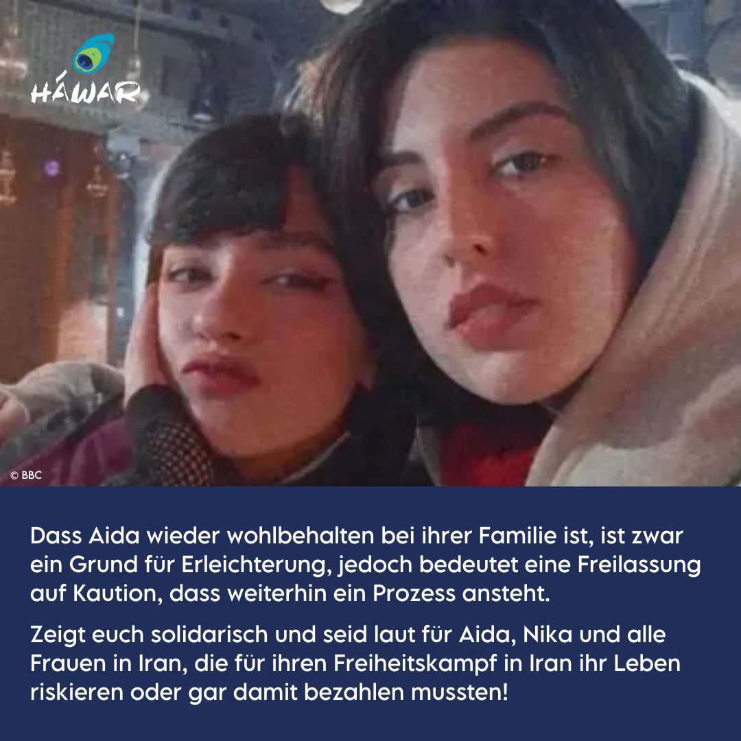 Dass #AidaShakarami wieder wohlbehalten bei ihrer Familie ist, ist zwar ein Grund zur Erleichterung, jedoch bedeutet eine Freilassung auf Kaution, dass weiterhin ein Prozess ansteht. Zeigt euch solidarisch und seid laut für Aida, Nika und alle Frauen in Iran! #IranRevolution
