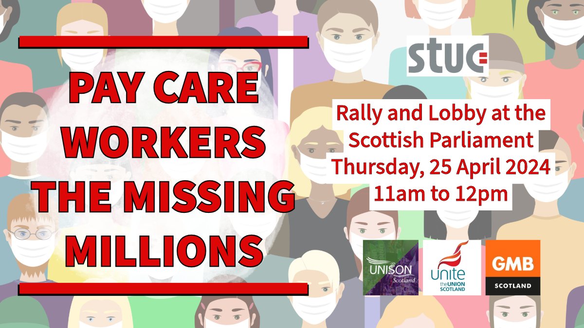 ⚠️ TOMORROW ⚠️ Gathering at 11am outside Scottish Parliament, @unisonscot, @UniteScotland and @GMBScotOrg members and supporters are rallying to demand that the missing £38 million from the Fair Work in Social Care budget is restored. Everyone welcome to attend 📢