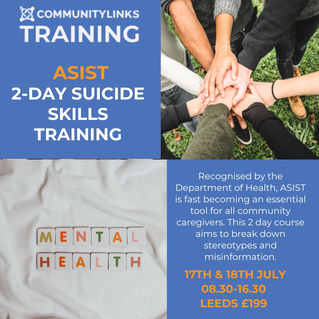 Attention Leeds! Join this 2-day training course to recognise invitations for help, review the risk of suicide and learn to apply a suicide intervention model. Book today for £199 on 17th and 18th July. #suicideinterventiontraining #communitylinkstraining #leeds