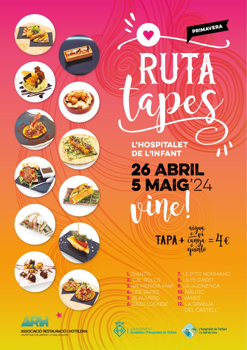 🔛 A partir d’aquest divendres, 26 d’abril, podreu fer la Ruta de tapes a l’Hospitalet de l’Infant! Fins al 5 de maig, dotze bars i restaurants oferiran una tapa i una beguda (“canya” o “quinto” de cervesa, copa de vi o aigua) per 4 euros.