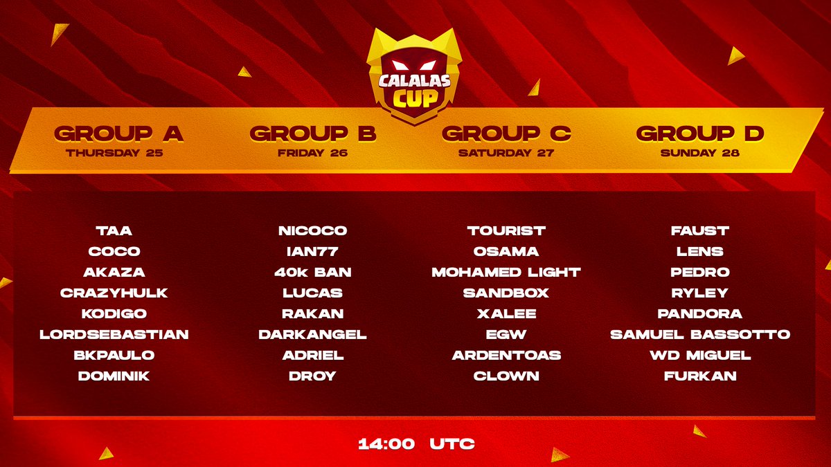 The @calalascup groups are LOCKED 🔒 Tune in from April 25th to the 28th and find out who moves on to the Grand Finals! 🔴 Broadcasts start at 14:00 UTC!