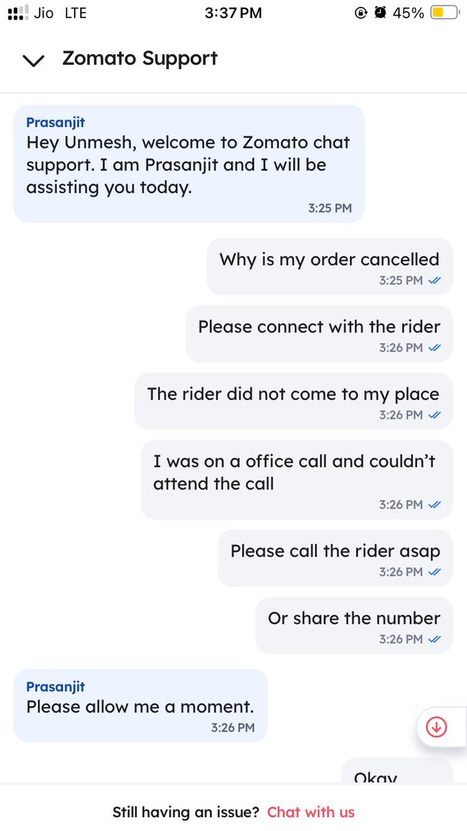 unmeshgavade's tweet photo. Absolutely appalled by @Zomato's service today! Ordered food, rider calls once, and cancels because I couldn't pick up due to work call. No refund, no food, just sheer incompetence! Been a loyal Zomato Gold customer for 4-5 years, and this is how they treat us? Unacceptable! https://t.co/GNZAItKB6b