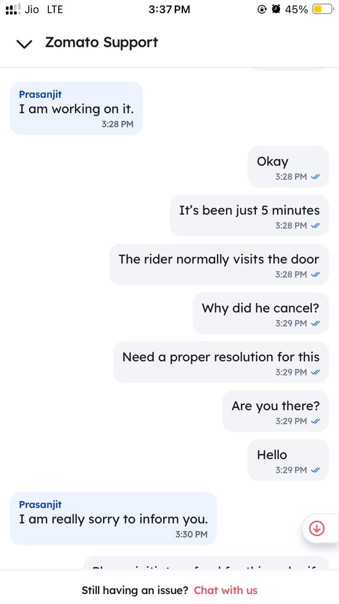 unmeshgavade's tweet photo. Absolutely appalled by @Zomato's service today! Ordered food, rider calls once, and cancels because I couldn't pick up due to work call. No refund, no food, just sheer incompetence! Been a loyal Zomato Gold customer for 4-5 years, and this is how they treat us? Unacceptable! https://t.co/GNZAItKB6b