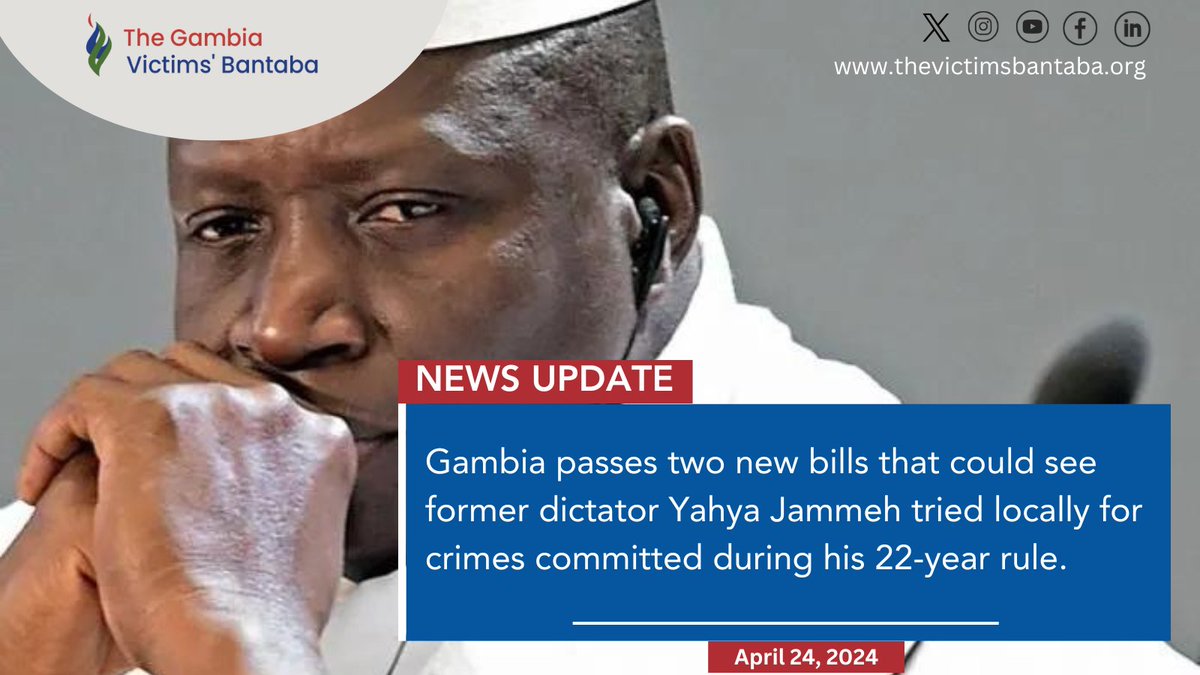 TBantaba's tweet photo. 📢Gambia has passed two new bills that could see former dictator #YahyaJammeh tried locally for crimes committed during his 22-year rule of the West African country.

#JFJNews https://t.co/GH3xviMbRq