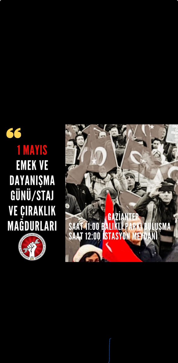 1 Mayıs ta Hakkımız İçin Alanlarda Olacağız
@TOBBiletisim
@diskinsesi
@Tisk_kurumsal
@hakiskonf
@turkiskonf
@TurkiyeKamusen
@MemurSenKonf
Çıraklar Yalnız Değil
#ÖzgürBaşkanStajyerÇırağınYanında