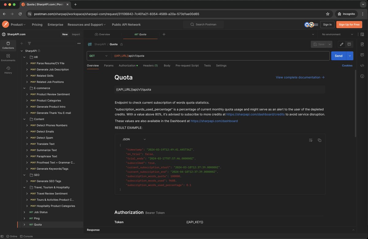 SharpAPI's tweet image. SharpAPI Postman collection is now PUBLIC and everyone with our API key (30 days of FREE trial with 50k words will do) can play with it immediately:
postman.com/sharpapi/works…
Enjoy!
#AI #API #SharpAPI