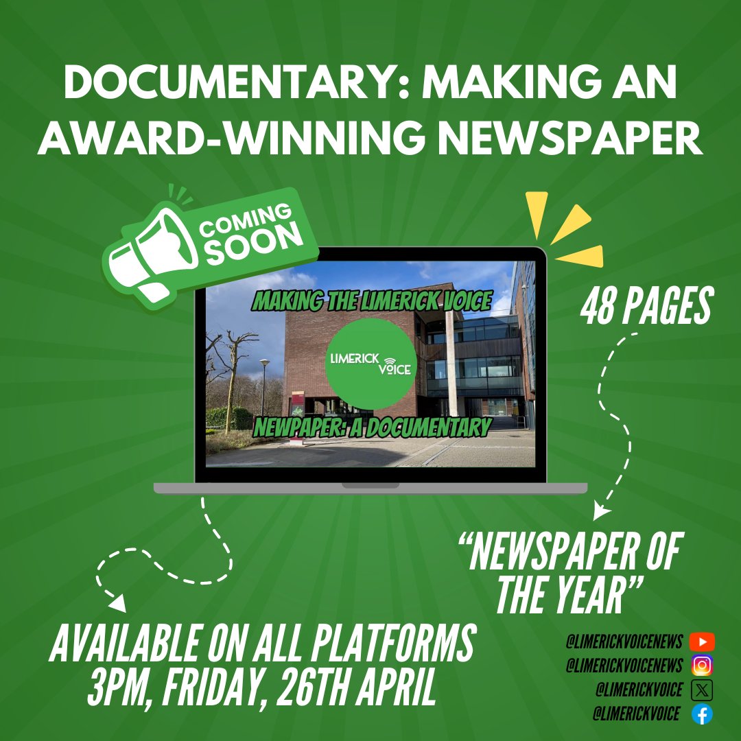 Limerick Voice Documentary Coming Soon! 🎬

Get your popcorn ready for a behind-the-scenes documentary on the production of Limerick Voice’s award-winning newspaper. 🍿

Releasing on all major platforms at 3PM on Friday, April 26th.

Documentary by <a href="/RealDanielRyan/">Daniel Ryan</a>