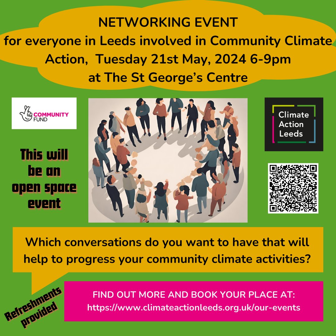 Which conversations do you want to have that will help to progress your community climate activities?

Come along to our networking event on Tuesday 21st May 6-9pm to have those conversations. 

For more info and to book: bit.ly/3vLqLkF