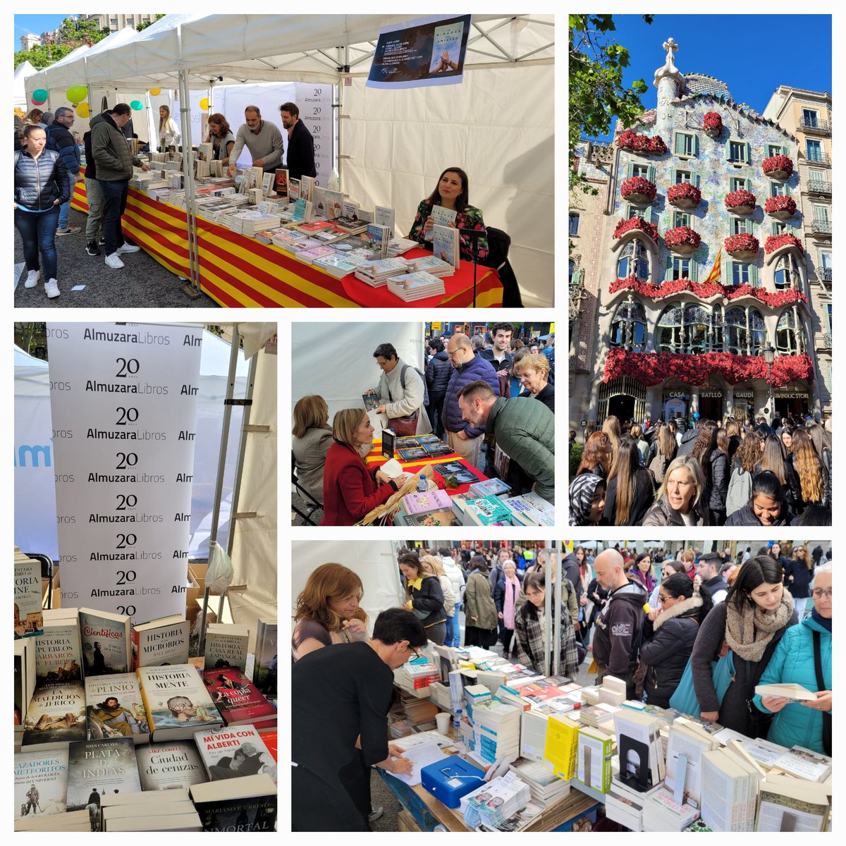 #SantJordi intenso en @AlmuzaraLibros, lugar inmejorable, Paseo de Gracia junto #CasaBatlló. Comenzamos firmas a las 10 e ininterrumpidamente pasaron 20 autores. Momentos bonitos de encuentro con sus lectores. Por la noche, cóctel con autores y distribuidores en preciosa terraza.