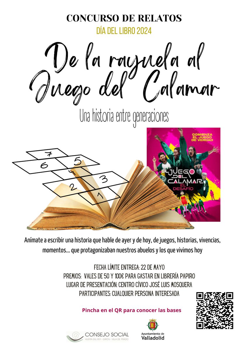 Participamos en un nuevo concurso de relatos, 'De la rayuela al juego del calamar'. Tú también te puedes animar a escribir una historia que hable de generaciones, de juegos de ayer y hoy... #desarrollopersonal #ocio #cultura #narrativa #saludmental #valladolid @AyuntamientoVLL