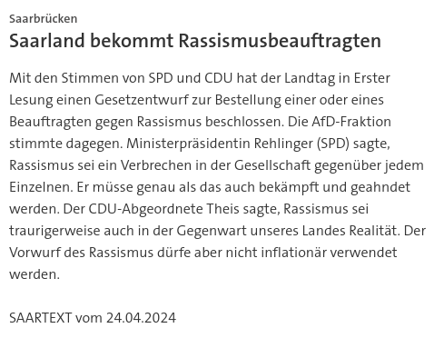 #SKK20240424 #SAARTEXT Mit den Stimmen von #SPD und #CDU hat der #Landtag in Erster Lesung einen  #Gesetzentwurf zur Bestellung einer oder eines Beauftragten gegen  #Rassismus beschlossen. | #Saarland #Saarbrücken #Rassismusbeauftragter
