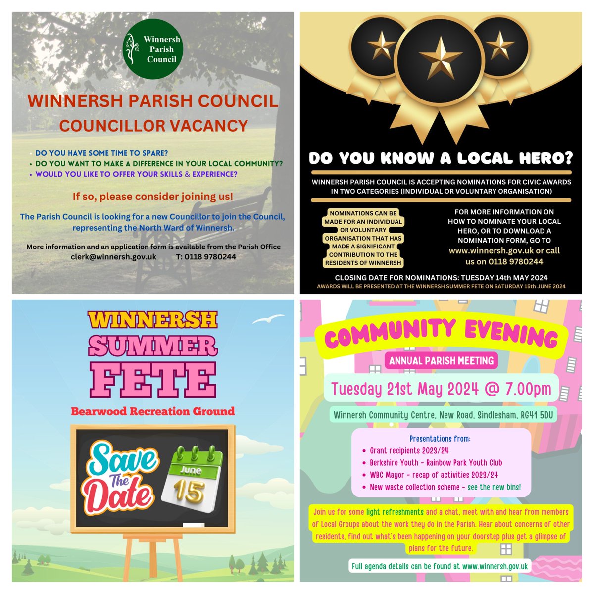 Find out more about the Winnersh Summer Fete, Civic Awards 2024, Parish Councillor vacancy and our Community Evening by visiting winnersh.gov.uk 

#winnersh #sindlesham