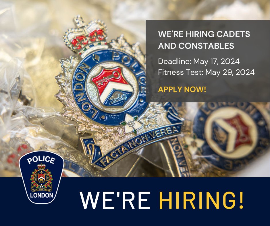 The LPS is on the lookout for Cadets & Constables! Drop by our Community Engagement Centre at CF Masonville Place TODAY to speak with our recruiting team between 12pm-3pm. Apply by May 17 for the chance to take part in fitness testing. Apply now: bit.ly/2MY9jT9 #LdnOnt